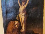 an old painting of jesus on the cross with a woman kneeling next to him