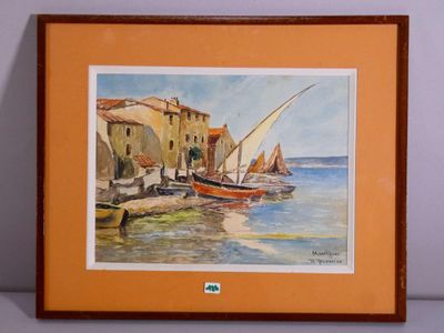 aquarelle encadrée représentant des bateaux dans un port, avec des bâtiments en arrière-plan