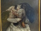 painting of a dog with a plate in its mouth