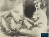 a black and white drawing of a woman and a man