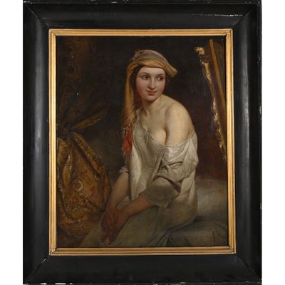 un tableau représentant une femme en robe blanche et coiffée d'un chapeau