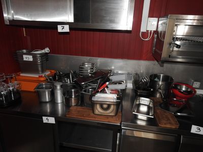 many pots and pans on the counter in the kitchen