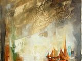 tableau représentant une peinture de bateaux dans un port sous un ciel nuageux