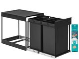 a black trash can with two bins and a cleaning cloth