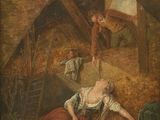 un vieux tableau représentant un homme et une femme dans une grange