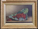 une peinture à l'huile représentant une grappe de baies rouges, dans un cadre doré
