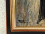 an oil painting of a woman in a black dress holding a black umbrella