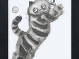 painting of a cat playing tennis with a ball and racket