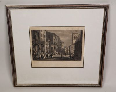 une vieille photo représentant une scène de rue avec des gens qui marchent dans la rue