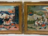 two paintings of a couple of people on a stage with umbrellas