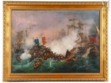 une image représentant un tableau illustrant une bataille navale avec des navires sur l'eau