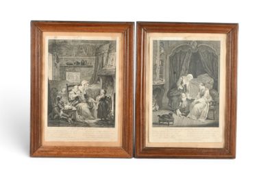 deux reproductions encadrées représentant un homme et une femme dans un salon