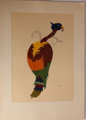 painting of a bird in a frame on a wall next to a window