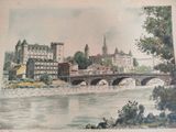 drawing of a bridge over a river with a castle in the background
