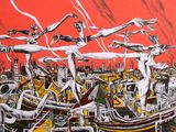 une peinture représentant un groupe de personnes sur un bateau dans l'eau