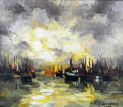 an oil painting of a harbor scene with boats in the water