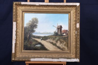 une peinture à l'huile représentant une scène de campagne avec un moulin à vent et une route
