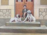 a painting of a man and two dogs sitting on the steps