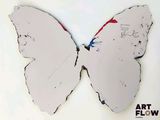 a picture of a white butterfly with red and blue wings