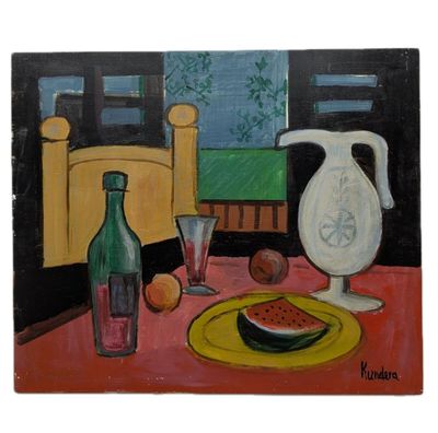 une peinture représentant une assiette de nourriture et une bouteille posées sur une table