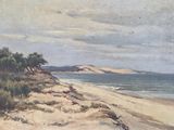 painting of a view of a beach with sand dunes and a body of water