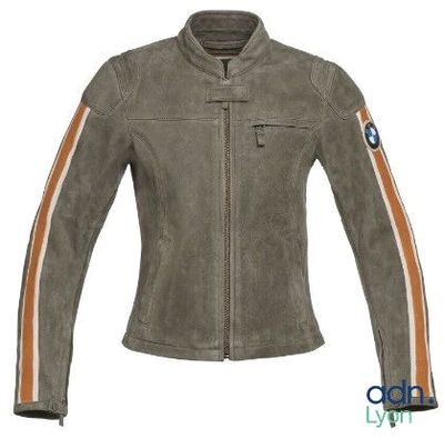 une veste en cuir pour femme avec des rayures orange sur les manches