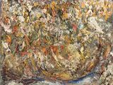 une peinture abstraite représentant un bol de fleurs posé sur une table