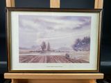 framed watercolor painting of a farm scene with a plow in the foreground