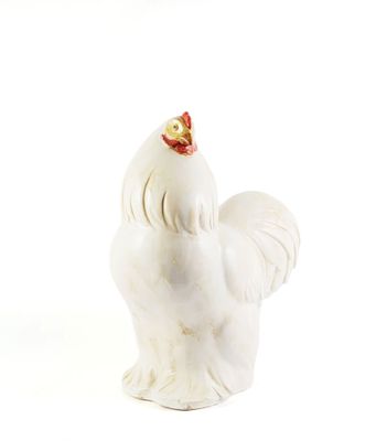 a white chicken that is standing on a white surface