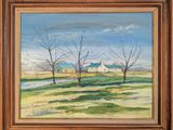 un tableau représentant une maison blanche dans un champ bordé d'arbres