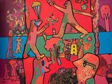 a painting of a group of people on a red background