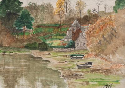 a watercolor painting of boats on the shore of a lake