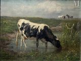 un tableau représentant une vache en train de boire l'eau d'un ruisseau