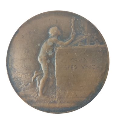 a bronze medal with a woman and a dog on it