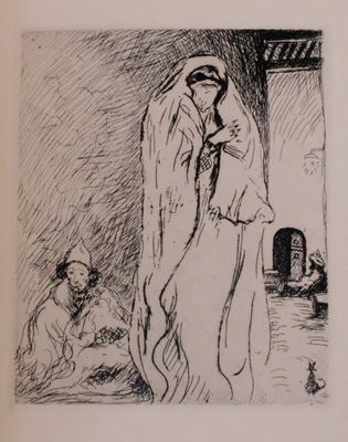 drawing of a woman standing in front of a man sitting on a bed