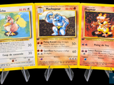 three pokemon cards are shown in a row on a black background