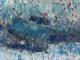 une peinture à l'huile représentant un bateau sur un plan d'eau, avec le ciel en arrière-plan