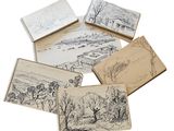 six cahiers contenant des dessins d'arbres avec une rivière en arrière-plan