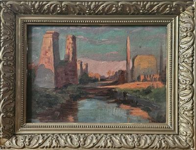 une peinture à l'huile représentant une rivière avec un château en arrière-plan