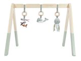 a wooden baby play set with toys hanging from it