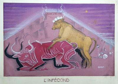 a painting of a bull and a bull on the ground