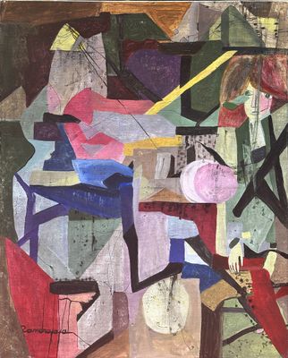 abstract painting of a woman with a guitar and a man with a dog
