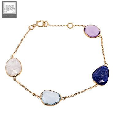 a gold bracelet with multi colored stones and a chain