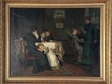 painting of a group of people sitting around a table in a room