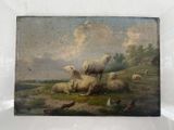 un tableau représentant des moutons et des oiseaux dans un champ