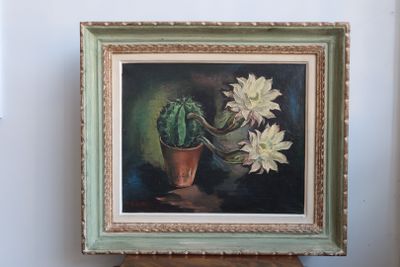 a painting of a cactus plant and a potted plant on a table