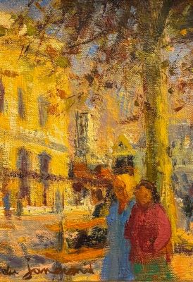 une peinture à l'huile représentant deux femmes marchant dans une rue devant un immeuble jaune