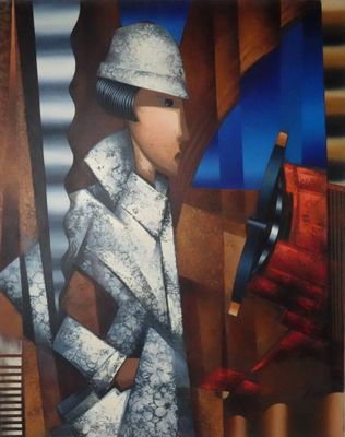 tableau représentant une femme vêtue d'une blouse blanche et d'un chapeau, tenant un tambour rouge