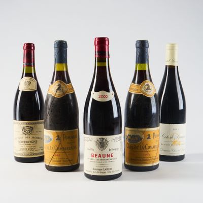 six bouteilles de vin sont alignées sur une surface blanche