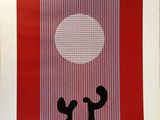 une image représentant un tableau rouge et blanc où l'on voit deux personnes devant une pleine lune